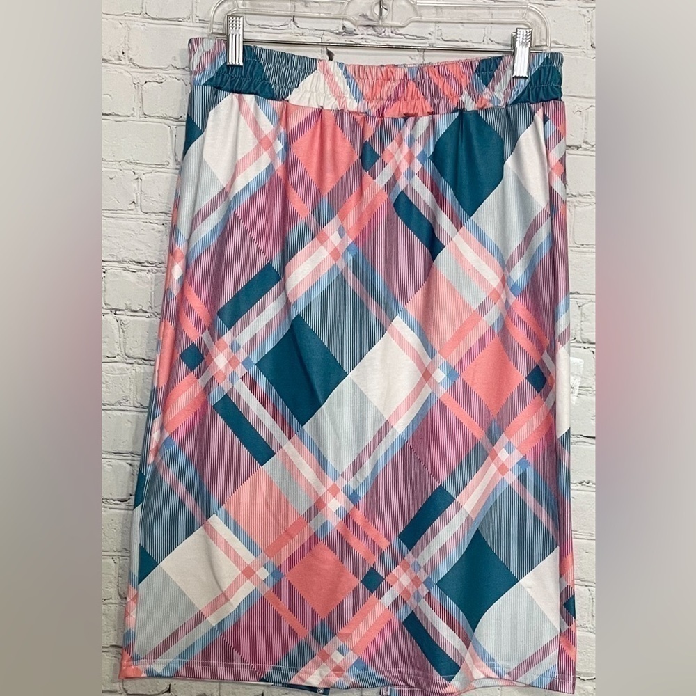 Light Pink White Blue Crossed Striped Straight Skirt Size Large
